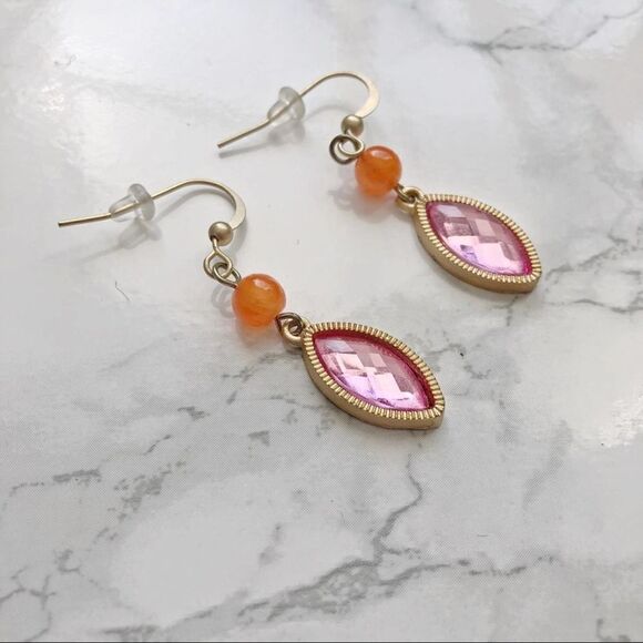 2/$30 Pink Orange Gold Chain Tassel Necklace with dangle drop Earrings Set - Picture 2 of 2